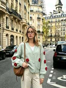 Cardigan Rajut Leher V Bergaya Prancis Chic dengan Aksen Bunga Buatan Tangan 3D, Jaket Sweater Longgar Lembut dan Nyaman - Mint Green - View 1