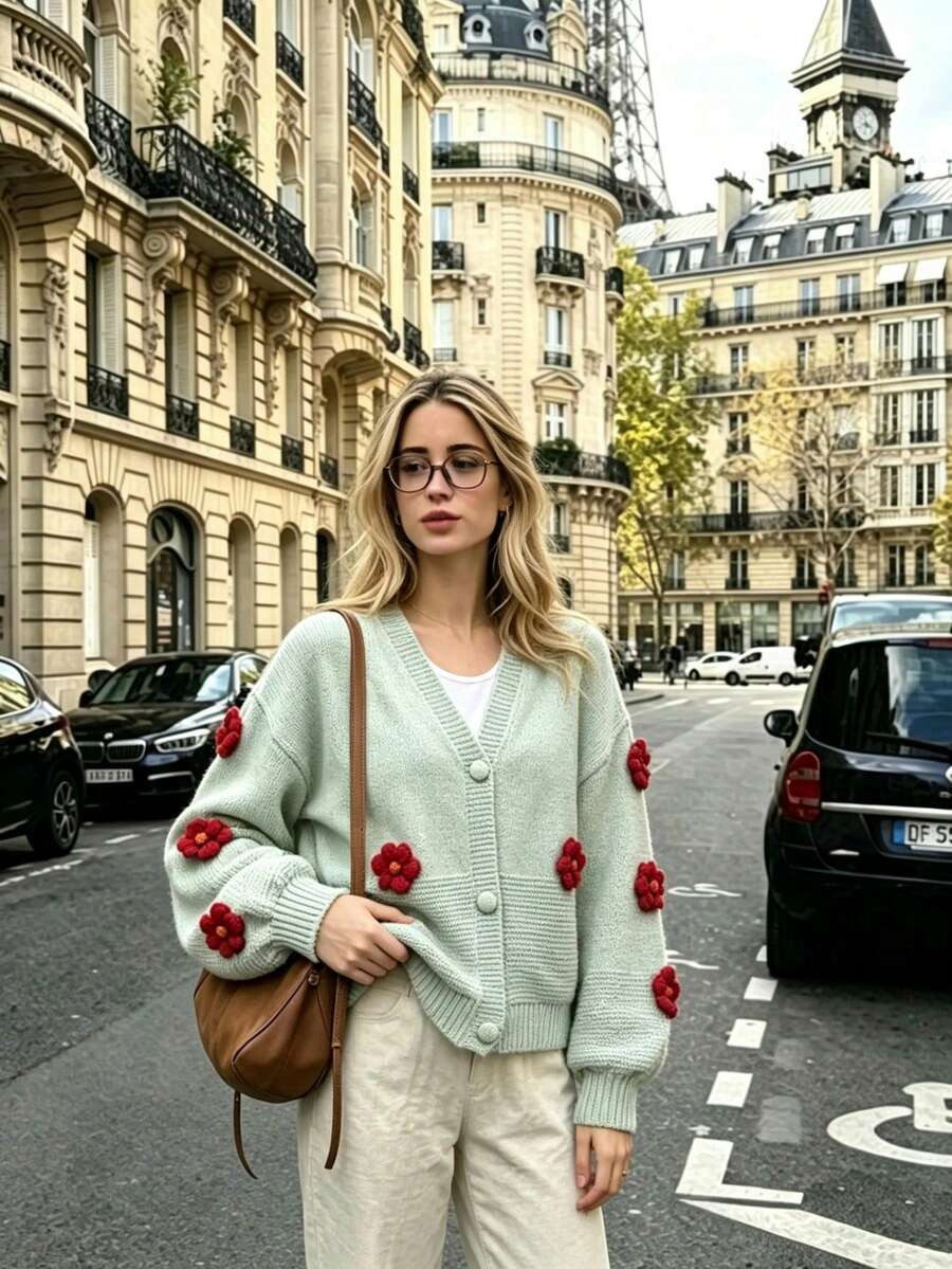 Cardigan Rajut Leher V Bergaya Prancis Chic dengan Aksen Bunga Buatan Tangan 3D, Jaket Sweater Longgar Lembut dan Nyaman - Mint Green - View 1