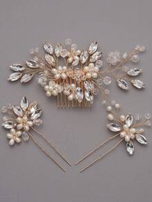 3pcs Elegant Faux Pearl Transparent Beaded Flower Hair Comb & Hair Stick Set, Handmade Woven Alloy Updo Hair Accessories For Wedding, Party, Bride - Gold - View 5