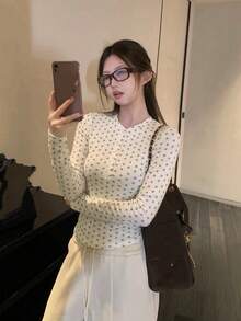女款韓式亨利領鈕扣碎花長袖針織打底上衣，秋季襯衫 - 米白色 - 查看 3