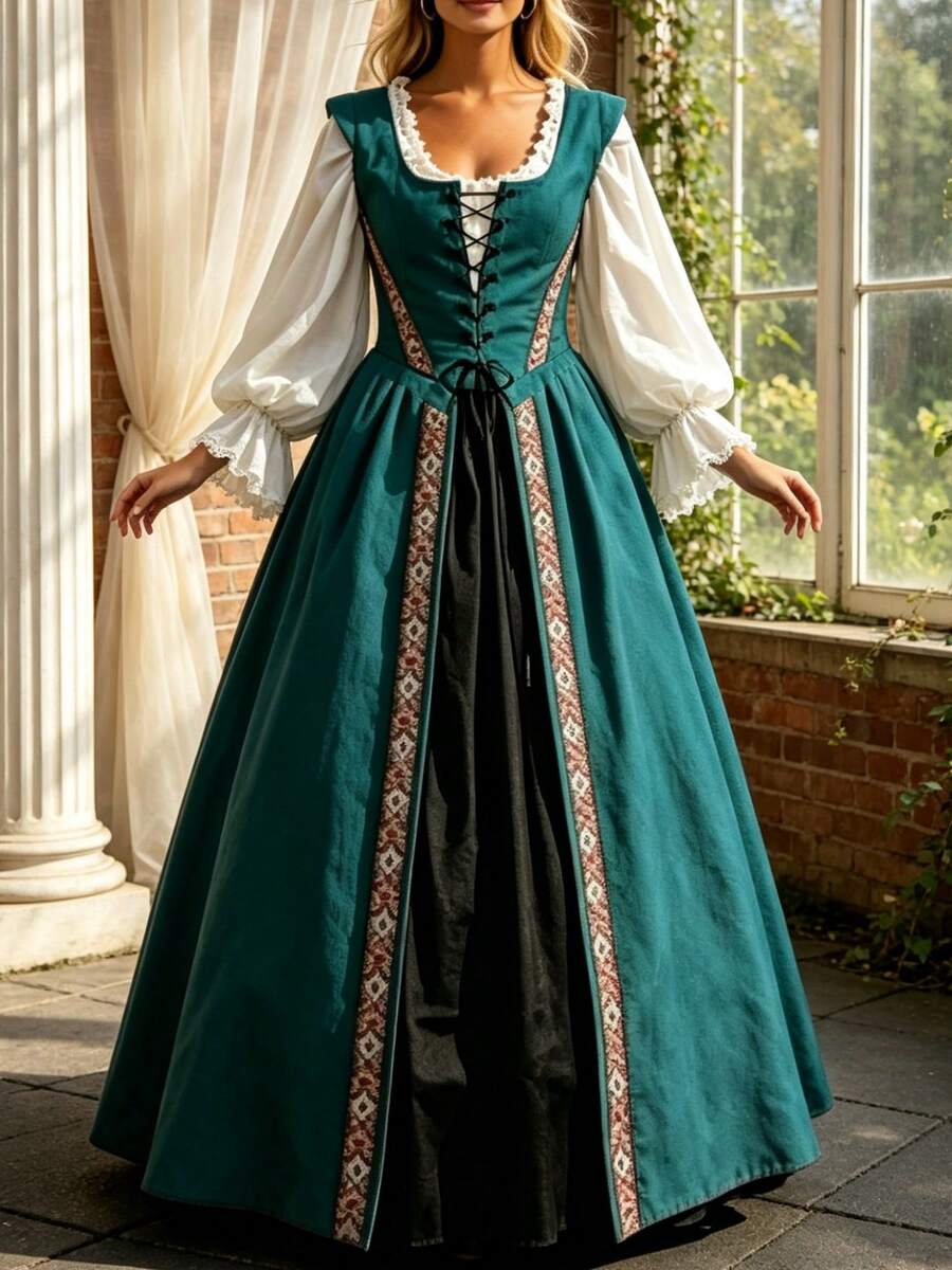 Women Renaissance Medieval Costume Dress, Puff Long Sleeve Square Neck ...
