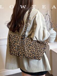 low tea 1pc Square Leopard Print Canvas Shoulder Bag, Suitable For Commuting, Shopping, Etc. (With Small Pouch) - Brown - View 2