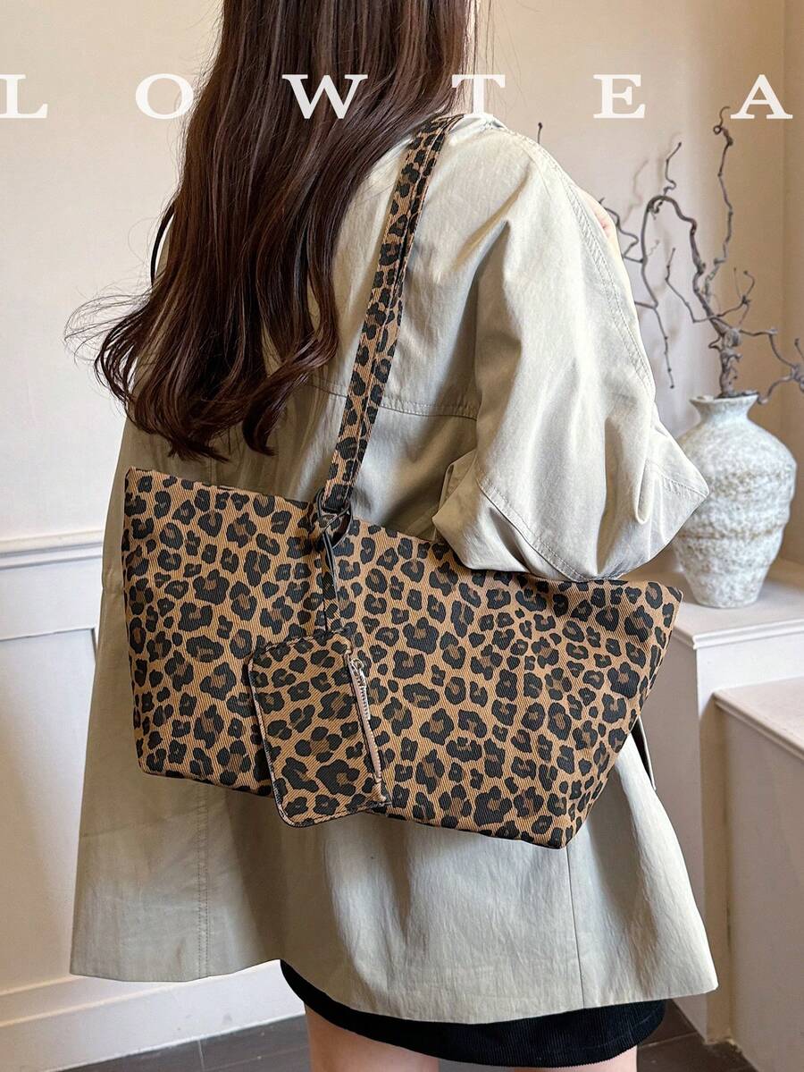 low tea 1pc Square Leopard Print Canvas Shoulder Bag, Suitable For Commuting, Shopping, Etc. (With Small Pouch)
