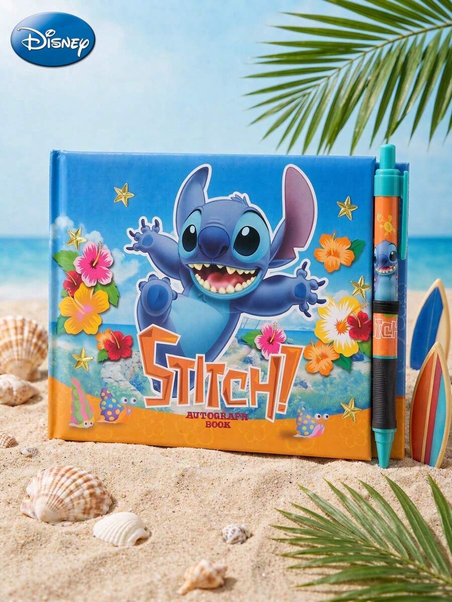 Monogram Disney 1SET Officially Licensed Stitch Autograph Book, Tropical Hibiscus Notebook With Pen, Blue Orange Theme, Stationery Gift For Fans - Multicolor - View 1