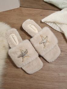 Spring/Autumn New Square Toe Plush One-Strap Flat Sandals For Women, Fashion Rhinestone Starfish Decor Fluffy Fur Slippers, Indoor/Outdoor Dual-Use - Beige - View 2