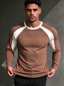 ZYNTH BALENO Men's Fashion Patchwork Loose Raglan Sleeve Crew Neck Long Sleeve T-Shirt, Suitable For Gym, Running, Hiking - Brown - View 2
