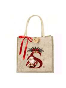 Initial And Name Christmas Canvas Gift Bag, 26 Initials, Custom Large Santa Claus Patterned Cloth Bag, Featuring A Red Bow Ribbon, Personalized Christmas Decoration Gift Party Favor - Multicolor - View 26