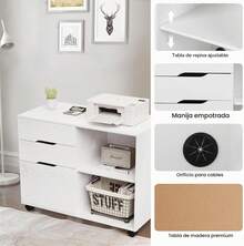 Archivador de 3 cajones, Organizador Lateral de Madera con Ruedas, Soporte para Impresora y estantes Abiertos para Oficina en casa, organización Debajo del computadora, Color Blanco OEUI - Blanco - Ver 6