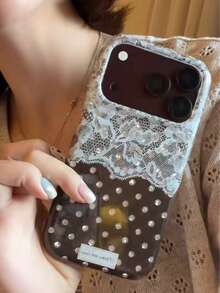 Korean Ins Style Brown Polka Dot Lace Trim Phone Case Compatible With Iphone 18 Pro, Apple 17 Pro Max, 16 Pro, 15, Women's Unique Non-Clashing Soft Protective Shell Max - Brown - View 4
