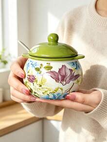 1pc Round Underglaze Pastoral Style Ceramic Storage Jar, Home Kitchen Ceramic Salt Jar, Seasoning Jar, With Lid And Spoon, Chili Oil Jar, Can Be Used As Lard Jar, Multiple Colors Available, Holiday Gift - Multicolor - View 15
