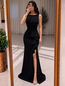 ADYCE Elegant Boat Neck High Waist Pleated Backless Party Dress, Black - Black - View 6