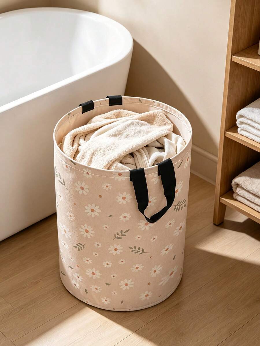 Daisy Flower Pattern Dirty Clothes Basket, Rural Style Home Decor Cylindrical Storage Basket, Printed With Daisy And Flower Patterns, Multi-Purpose Storage Box For Clothes, Jewelry, Books, Etc., Suitable For Bedroom, Living Room, Gift For Friends And Family On Halloween, Birthday, Festival, Christmas - Multicolor - View 1