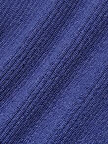 Women Fall Elegant Blue Ribbed Knit Flare Long Sleeve Scalloped Hem Bodycon Mini Dress For Party & Going Out - Blue - View 6