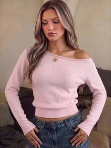 Women's Early Autumn Ribbed Waist Long Sleeve Asymmetrical Shoulder Cropped Soft Baby Pink Fitted Gentle Knit Top - Pink - View 5