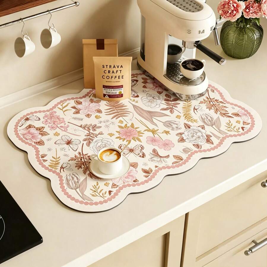 [New Thickened]Kitchen Dish Drying Mat, Dining Table Mat, Absorbent Countertop Mat, Dish Drying Mat, Bowl & Plate Drying Mat, Thickness 3.6mm - Pink Floral - View 1