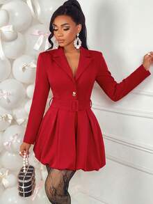 Elegant Red Blazer Dress For Women, V-Neck Long Sleeve Belted A-Line Short Dress, Perfect For Fall & Winter Outings - Red - View 7