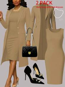 Plus Size Women's Elegant 2-Piece Set, Solid Color Minimalist Versatile Long Cardigan Jacket + Bodycon Mid-Length Dress, Suitable For Daily Commute, Spring/Autumn/Winter - Apricot 34 - View 3