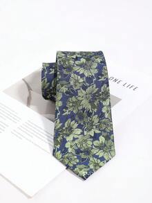 1pc Men's Blue Base Dark Green Large Floral Jacquard Tie, Luxury Vintage Floral Pattern Suit Tie, Suitable For Banquet And Commute - Dark Green Floral On Blue Background - View 1