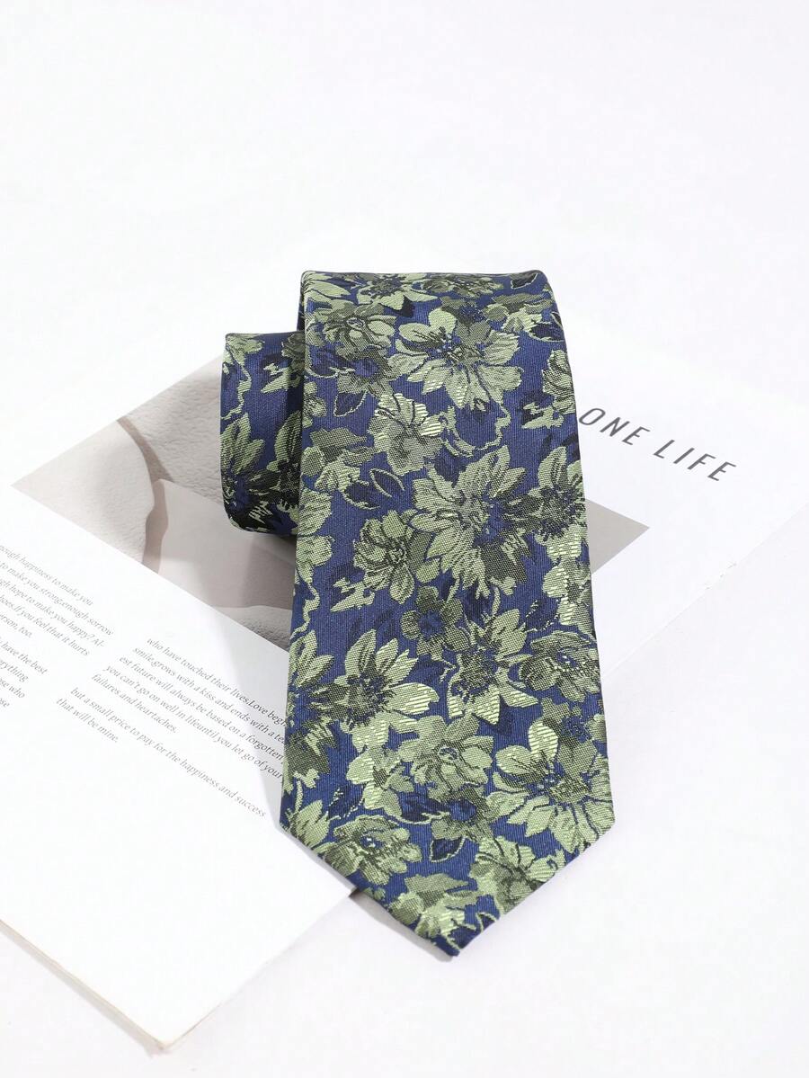 1pc Men's Blue Base Dark Green Large Floral Jacquard Tie, Luxury Vintage Floral Pattern Suit Tie, Suitable For Banquet And Commute - Dark Green Floral On Blue Background - View 1