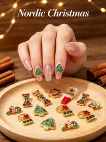 30pcs/Box Assorted Christmas Alloy Nail Art Decorations, 3D Christmas Tree, Christmas Stocking, Christmas Wreath Colorful Nail Gems, Red & Green Enamel 3D Decor, Simple Versatile DIY Nail Stickers - Multicolor - View 2
