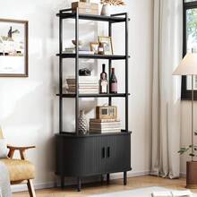 **Estantería de 71 pulgadas de alto, estante de libros de 4 niveles con gabinete de almacenamiento, estantería moderna con puerta corredera y almohadilla ajustable, organizador de almacenamiento para sala de estar, recámara, estudio y oficina** - Negro - - Ver 6