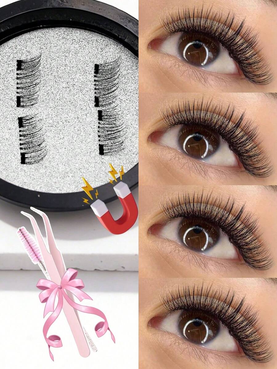 1 Pair Magnetic False Eyelashes, Half-Piece Design, No Glue Needed, Short Magnetic Lashes, Natural Cat Eye Effect, Reusable, Suitable For People With Droopy Eyelids, Suitable For Makeup Bloggers, Suitable For Weddings, Music Festivals And Other Occasions - Black - View 1