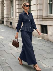 Women's Spring/Autumn French Elegant Lapel Front Button Ruffle Hem Long Sleeve Top And Wide Leg Pants 2 Pieces Set - Royal Blue - View 3