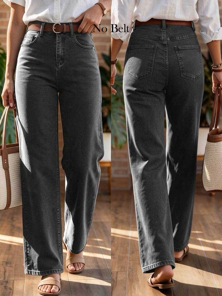 Women's High Waist Loose Wide Leg Jeans In Washed Grey Stretch Fabric - Grey - View 1