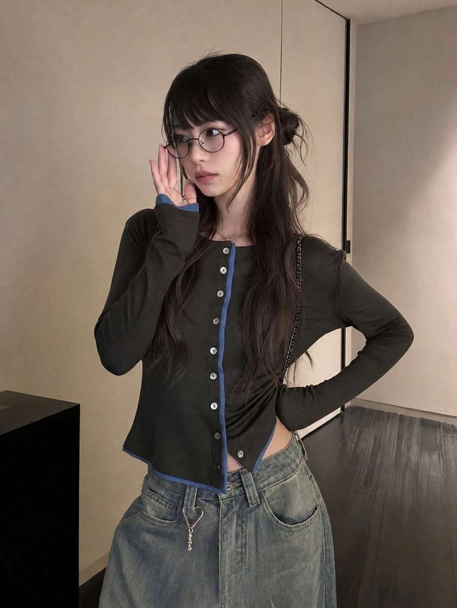 秋季新款女款韓式寬鬆2合1拼色拼接單排扣長袖防曬薄款開襟衫 - 深灰色 - 查看 1
