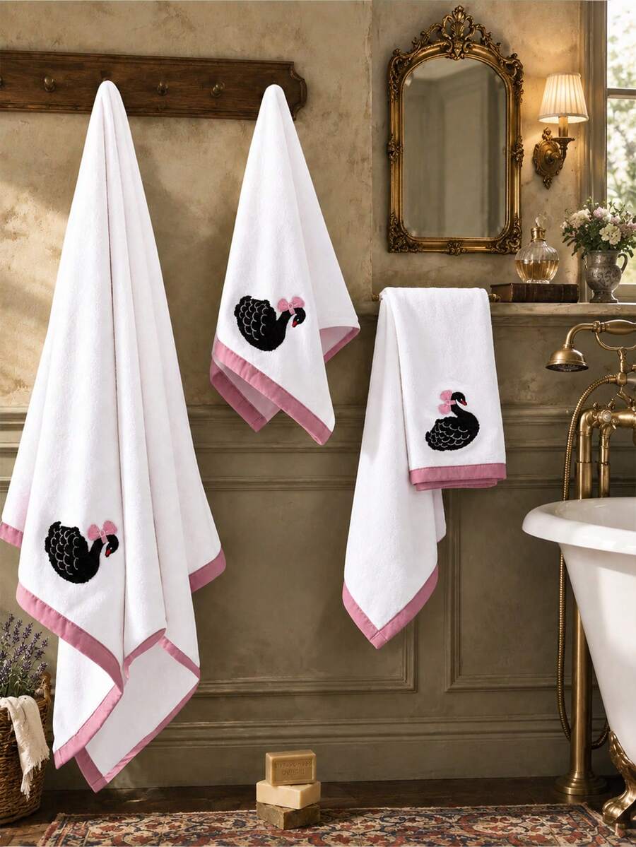 1pc/3pcs Elegant Swan Coral Fleece Bathroom Towel Set, Soft Absorbent Lint-Free, Unisex Home Use, Luxury Bathroom Essential - White - View 1