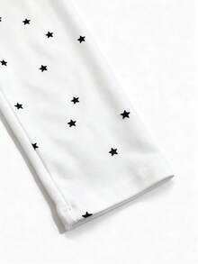 Women's Collegiate Style Star Print Long Sleeve V-Neck T-Shirt, Regular Fit Pure Cotton High Elasticity Top - White - View 9