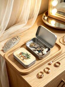 Camel & Palm Tree Print Jewelry Storage Box, With Fishbone Divider, Snap Closure, Portable Jewelry Box, Compartmentalized Storage For Earrings, Rings, Necklaces, Suitable For Commuting, Travel, Dorm, Vanity Organization, Ideal For Delicate Girls, Students, Jewelry Lovers, Qixi, Birthday, Christmas, Best Friend Gift, Portable Earring Box, Mini Jewelry Organizer - Multicolor - View 9