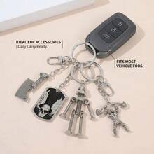 Vintage Metal Keychain Pendant, Antique Silver Key Ring, Decorated With Skull, Dog Tag, Mechanical Robot And Bodybuilder Charms, Suitable For Backpack Decoration And Car Key Storage Organization - Multicolor - View 6