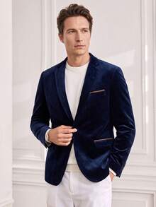Officeau Men's Solid Color Old Money Style Business Casual Velvet Blazer, Regular Fit, Single Button, Lapel, Patch Pockets, Long Sleeve, Navy Blue, Autumn - Navy Blue - View 1
