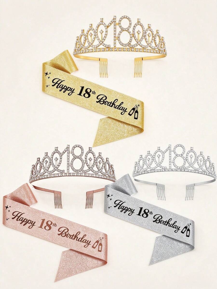 2 Pieces Set 18th Birthday Sash Ribbon Birthday Queen Crown Headwear Rhinestone Birthday Headband Birthday Sash With Pin Happy Birthday Crown And Sash Ribbon Birthday Party
