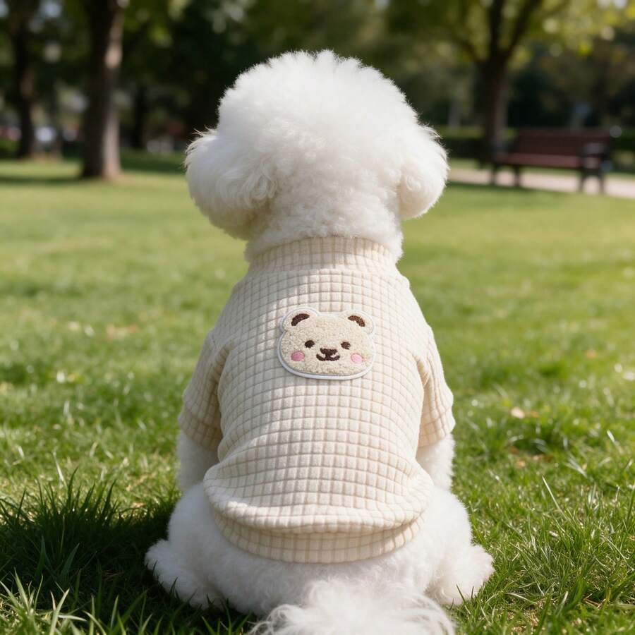 1PC Waffle Knit Dog T-Shirt, Cute Bear Patch Half High Collar Pet Short Sleeve Shirt, Soft Stretchy Daily Clothes For Small Dogs Bichon Maltese Poodle - Apricot - View 1