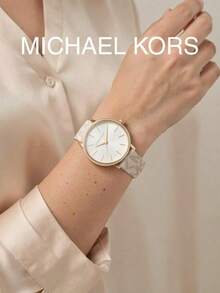 MICHAEL KORS MK1037 Pyper Series Women's Quartz Watch, Gold Case With Rhinestone Bezel, White Dial, MK Logo Print Strap, Two-Hand Minimalist Luxury Women's Watch - White - View 7