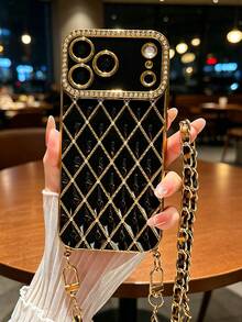 1 pieza Funda de teléfono con cadena cruzada de cuero con estampado de leopardo, estilo nuevo acolchado con diamantes electrochapados de strass, compatible con iPhone, material TPU - Multicolor - Ver 3