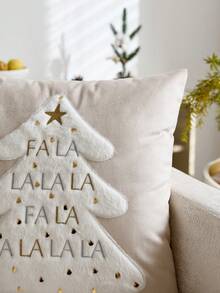 1pc Khaki Christmas Tree Embroidered Pillow Case, Christmas Falala Pillow Cover, Suitable For Indoor Decoration, Christmas Decoration, All-Season Pillow Case, Without Insert - Khaki - View 5