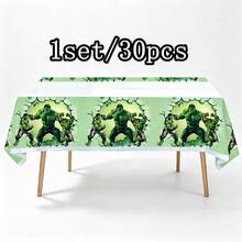 1set/30pcs Hero Character Tablecloth, Waterproof Rectangular Tablecloth, Green Cracked Background Design Tablecloth, Perfect For Theme Celebrations, Dinner Parties, Movie Theme Gatherings, Party Table Decor, Party Accessories - Multicolor - View 8