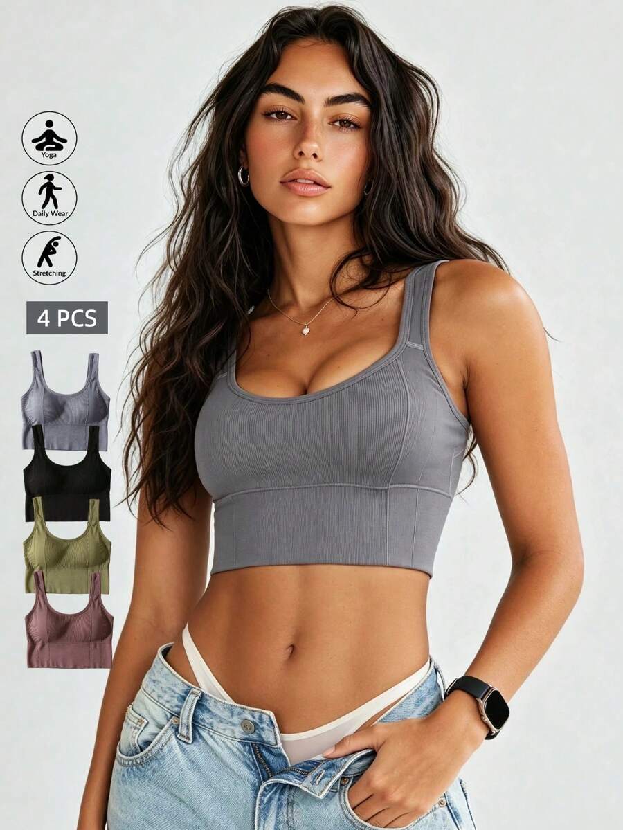 Runway Rest 4pcs Seamless Ribbed Tank Bralette, Wireless Stretch Sports Bra For Yoga, Gym & Daily Wear - Multicolor - View 1