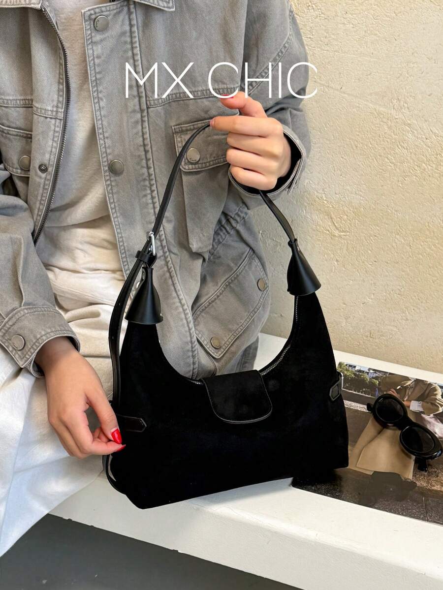 1件女款時尚新款百搭裂紋圖案純色大容量單肩斜挎餃子包,月牙包,適合辦公通勤、購物、度假禮物 - 黑色 - 查看 1
