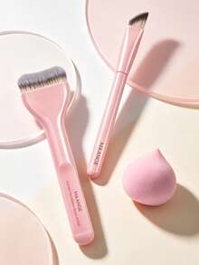 MAANGE 3pcs Makeup Tool Set Including 2 Face Makeup Brushes (Foundation Brush, Highlighter Brush) + 1 Makeup Sponge, Gift For Women And Girls, Travel Makeup Brush Set/Accessories - Pink - View 1