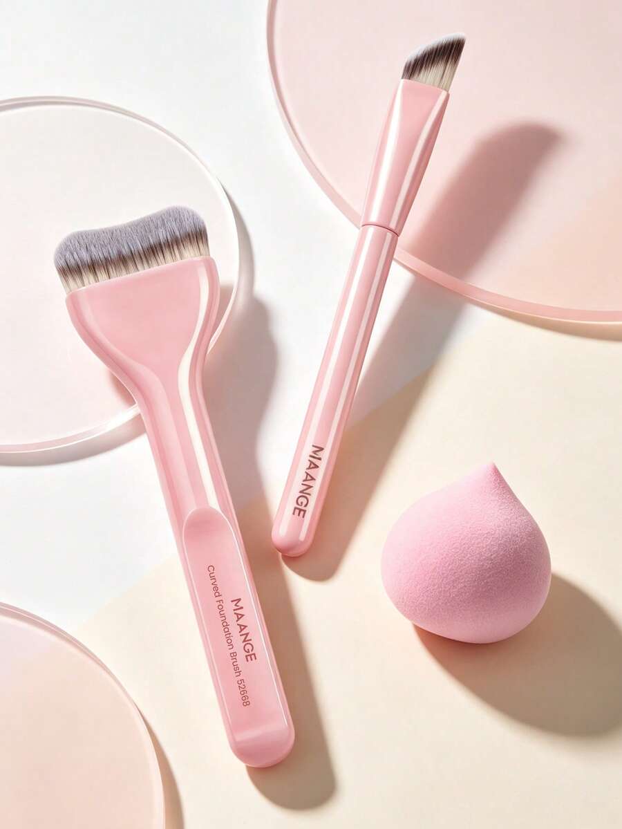 MAANGE 3pcs Makeup Tool Set Including 2 Face Makeup Brushes (Foundation Brush, Highlighter Brush) + 1 Makeup Sponge, Gift For Women And Girls, Travel Makeup Brush Set/Accessories - Pink - View 1