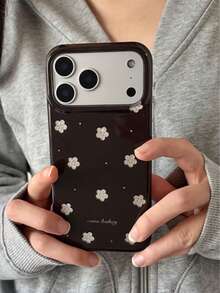 Ins Style Autumn/Winter Marrone Coffee Base With Small Silver Floral Pattern Phone Case For IPhone 18 Pro Max/17 Pro Max/16/15 Pro Max/15 Pro, Shockproof Full Coverage Protective Cover, New 17/18 Pro Max Soft Handheld Case - Dark Brown - View 3