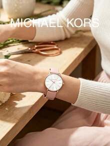 Michael Kors MK2741 Women's Quartz Watch 38mm Large Dial Rose Gold Nude Pink Leather Strap Rhinestone Index Commuter Wristwatch Gift - Pink - View 5