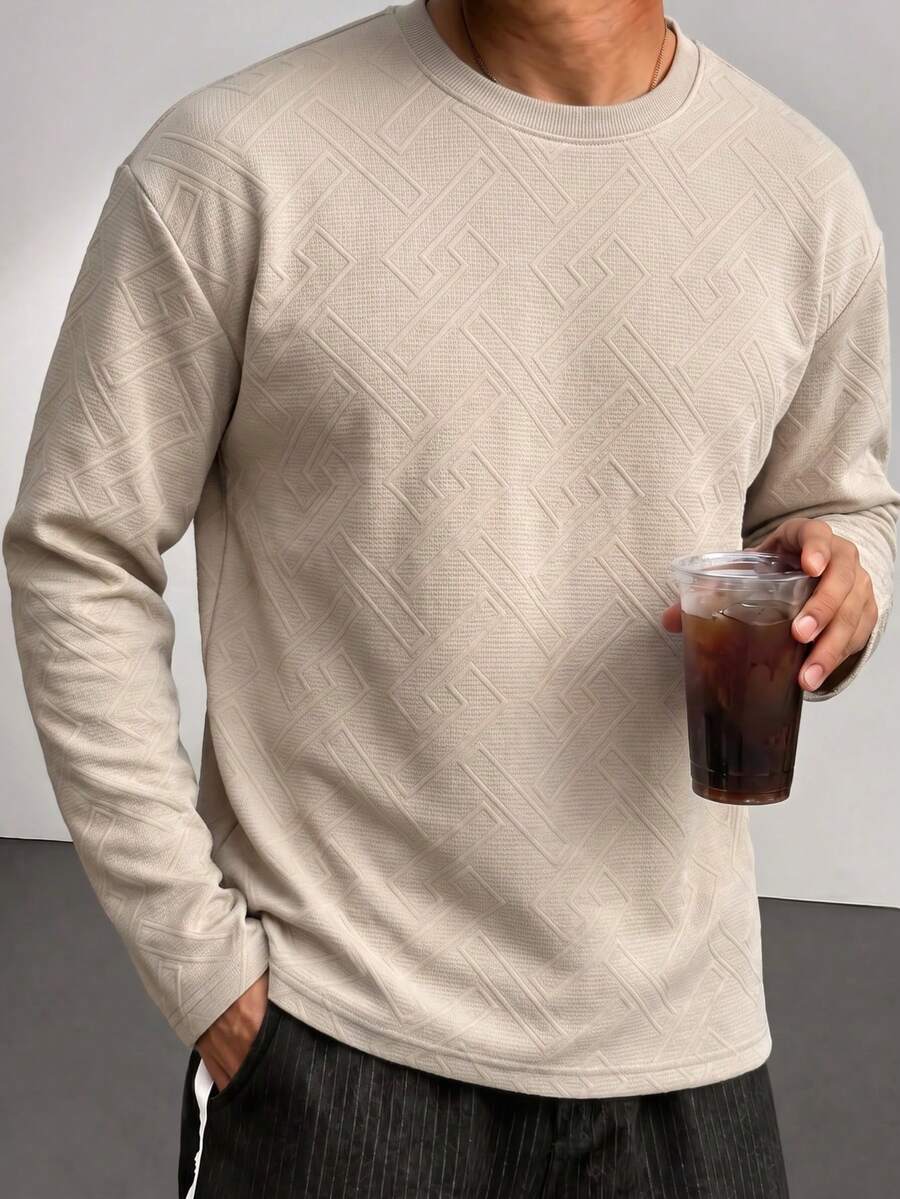Blueprint Man 1pc Men's T-Shirt, Khaki Crew Neck Long Sleeve Top, All-Over 3D Embossed Geometric Pattern, Soft Skin-Friendly Fabric, Delicate And Soft Touch, Loose Drop Shoulder Fit, Flattering For All Body Types, Casual Slouchy, Spring/Autumn Commute, Shopping, Travel, Old Money Style - Khaki - View 1