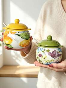 1pc Round Underglaze Pastoral Style Ceramic Storage Jar, Home Kitchen Ceramic Salt Jar, Seasoning Jar, With Lid And Spoon, Chili Oil Jar, Can Be Used As Lard Jar, Multiple Colors Available, Holiday Gift - Multicolor - View 2