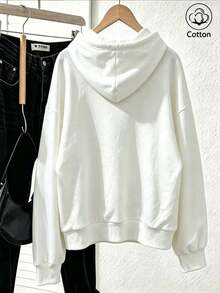 Sweet-Cool Style Printed Hoodie For Women: Relaxed, Dropped-Shoulder, Loose-Fit, Versatile, Drawstring, Pockets, Casual Pullover Top - White - View 4