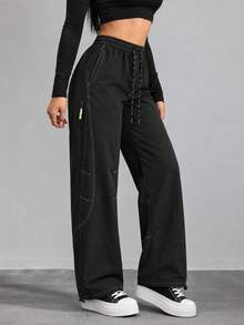 Women's Black Cargo Pants With Wide Leg, Drawstring Elastic Waist, Contrast Stitching, Zipper Pockets And Adjustable Hems - Black - View 7